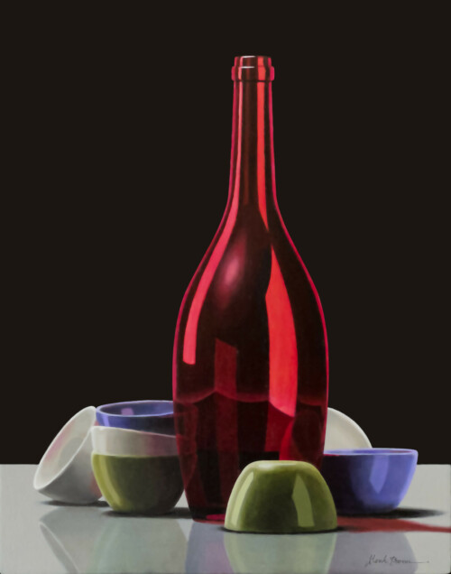 Composition with Red Bottle and Bowls