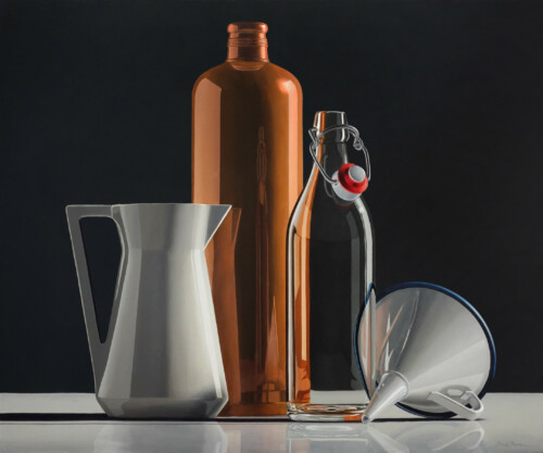 Composition with ewer jug bottle and funnel