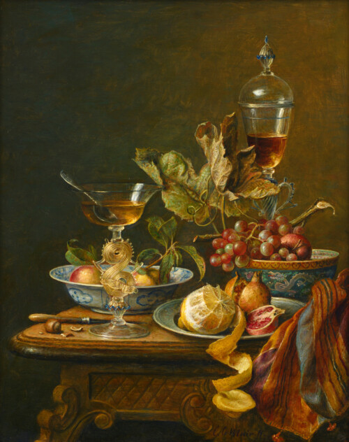 Stilleven met twee Venetiaanse glazen, fruitschalen, druiven en afgeschilde citroen