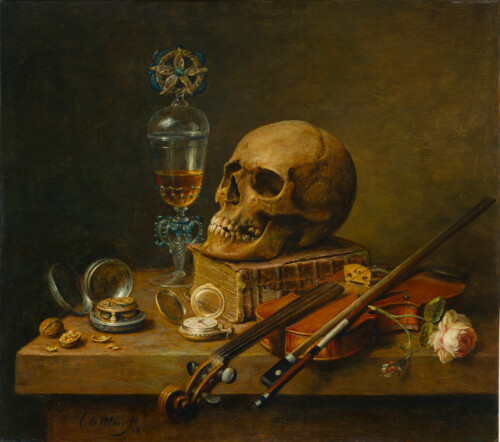 Vanitas: stilleven met schedel, viool, roos en twee horloges